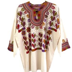 Vintage Mexican Huipil Hand Embroidered Tunic Kaftan Cotton Cream Boho Top